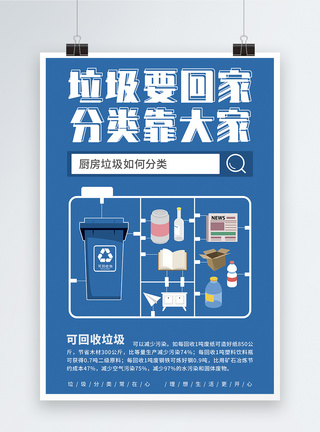 食物垃圾处理器蓝色垃圾要回家分类靠大家系列海报模板