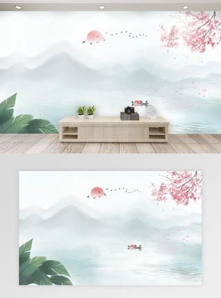 水墨牡丹中国风水墨山水背景墙模板