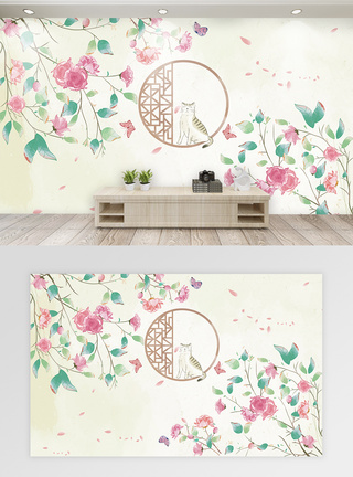 手绘水彩花卉背景唯美中国风风景背景墙模板