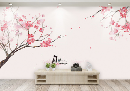 唯美桃花树下的猫咪背景墙高清图片