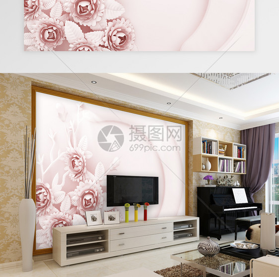 粉色牡丹浮雕背景墙图片