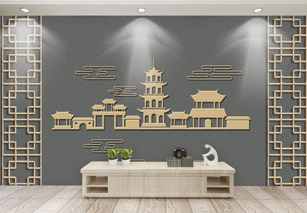 新中式古典金色浮雕楼塔电视客厅背景墙图片