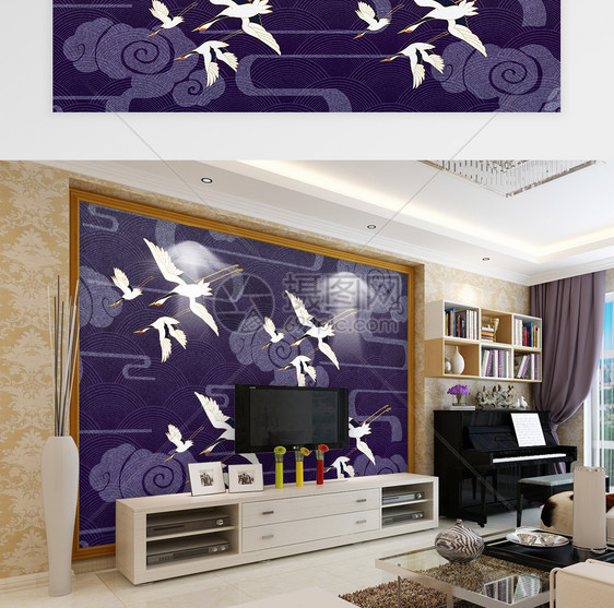 中国风仙鹤纹饰电视背景墙图片
