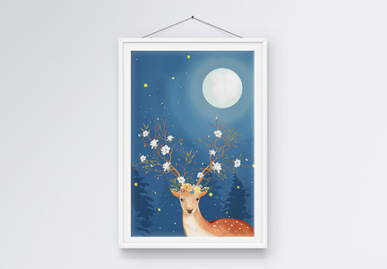 森林与鹿插画风唯美夜景艺术装饰画图片