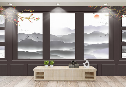 新中式山水浮雕效果背景墙设计图片