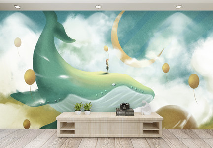 现代梦幻鲸鱼背景墙图片