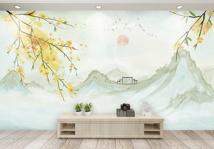 清新唯美中国风山水背景墙图片