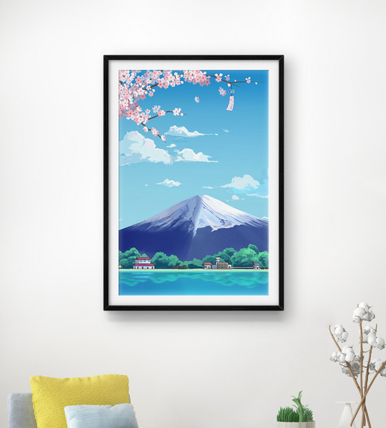 唯美樱花富士山装饰画图片