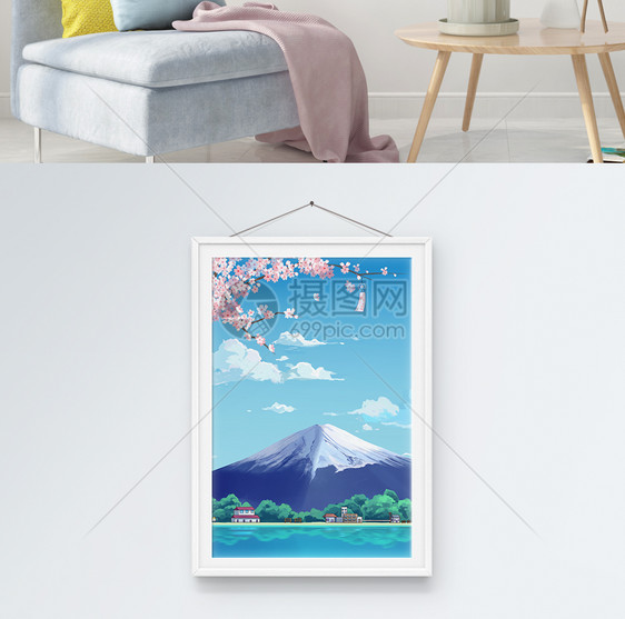 唯美樱花富士山装饰画图片