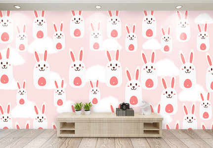 粉色小白兔墙壁纸儿童房背景墙图片