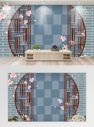 墙纸装修效果新中式玉兰花浮雕效果背景墙模板