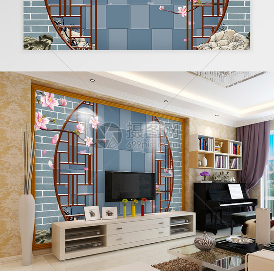 新中式玉兰花浮雕效果背景墙图片