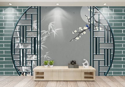 新中式梅花浮雕效果背景墙图片