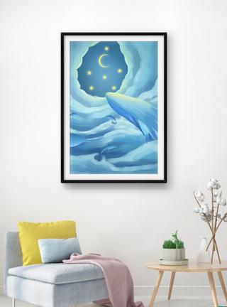 蓝色唯美浪漫鲸鱼装饰画图片