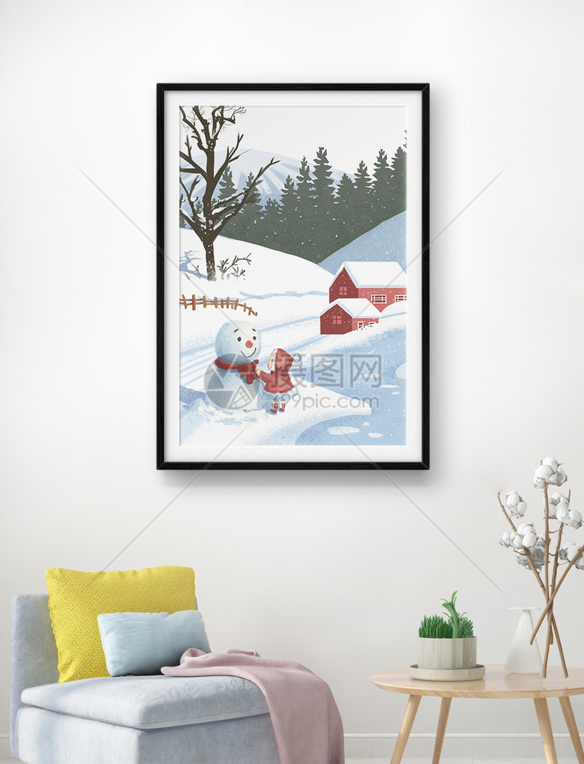 冬季堆雪人红色乡村装饰画