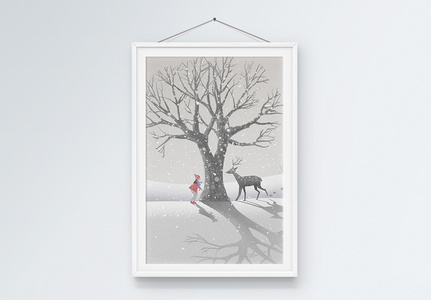 冬季雪地鹿和女孩唯美浪漫装饰画图片