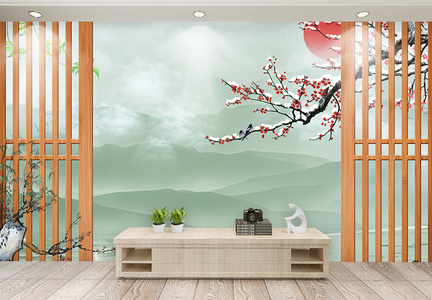 新中式浮雕效果背景墙图片