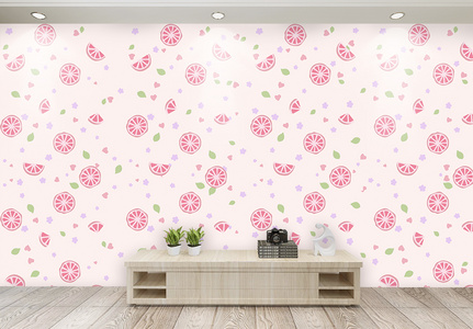 小清新粉色西柚客厅背景墙图片