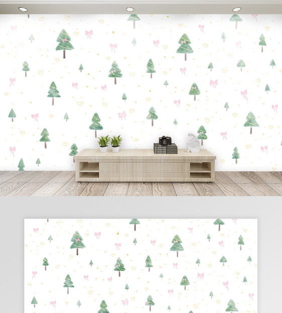 小清新水彩圣诞树印花客厅背景墙图片