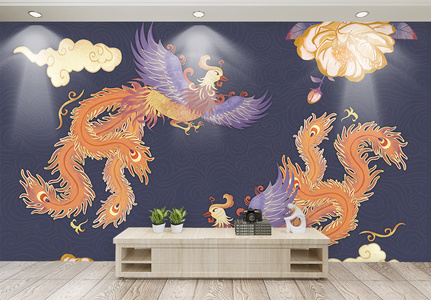 中式古典凤凰背景墙图片