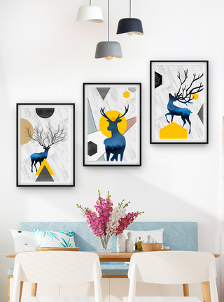 奔跑的鹿北欧水墨麋鹿客厅三联装饰画模板