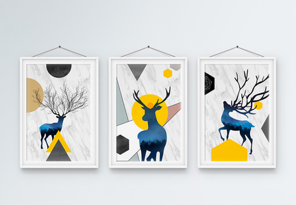 北欧水墨麋鹿客厅三联装饰画图片