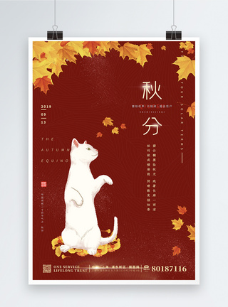 手绘猫简约卡通猫咪落叶秋分节气海报模板