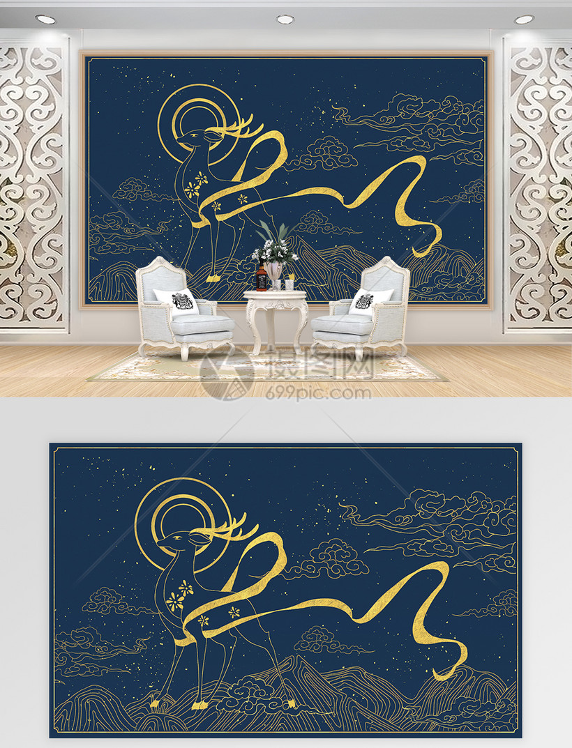 中国风黑金九色鹿电视背景墙模板素材-正版图片401622743-摄图网