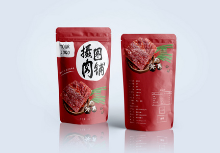 红色猪肉脯零食包装袋设计高清图片