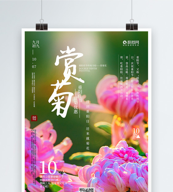 清新简洁重阳节赏菊花促销海报图片