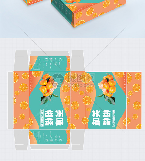 蓝绿色橘子柑橘秋季水果包装盒设计图片