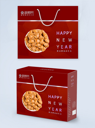红色新春坚果礼盒包装设计图片