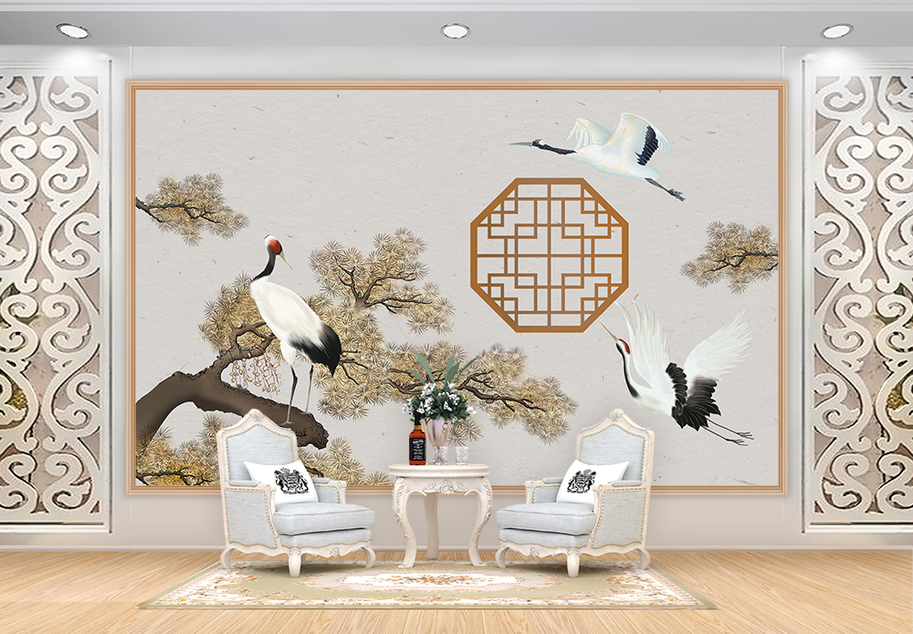 羊年吉祥物松鹤延年中国风背景墙模板