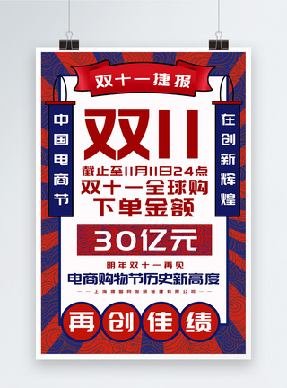 国潮风双十一展板国潮风双十一 11销售业绩战报海报模板