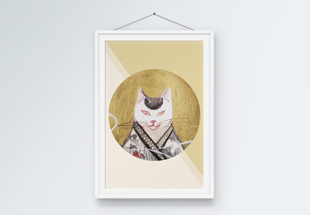 打盹的小猫和风浮世绘猫咪装饰画模板