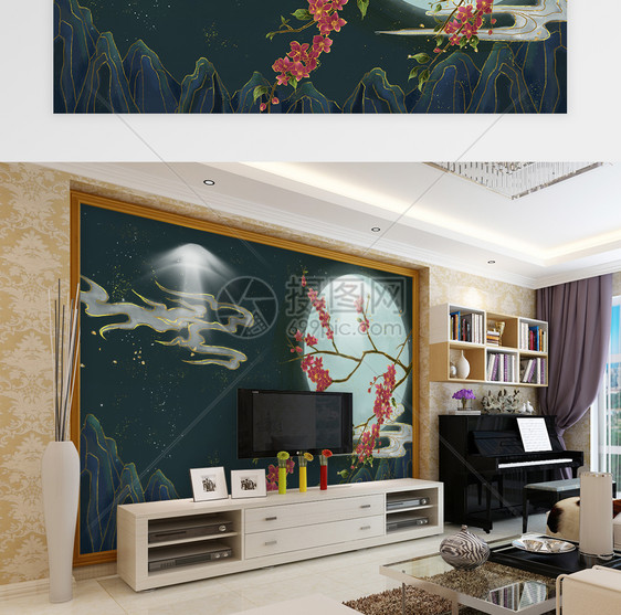 中国风黑金花卉桃花电视背景墙图片