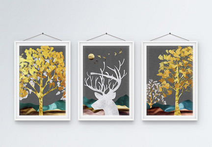 手绘抽象树木麋鹿装饰画图片