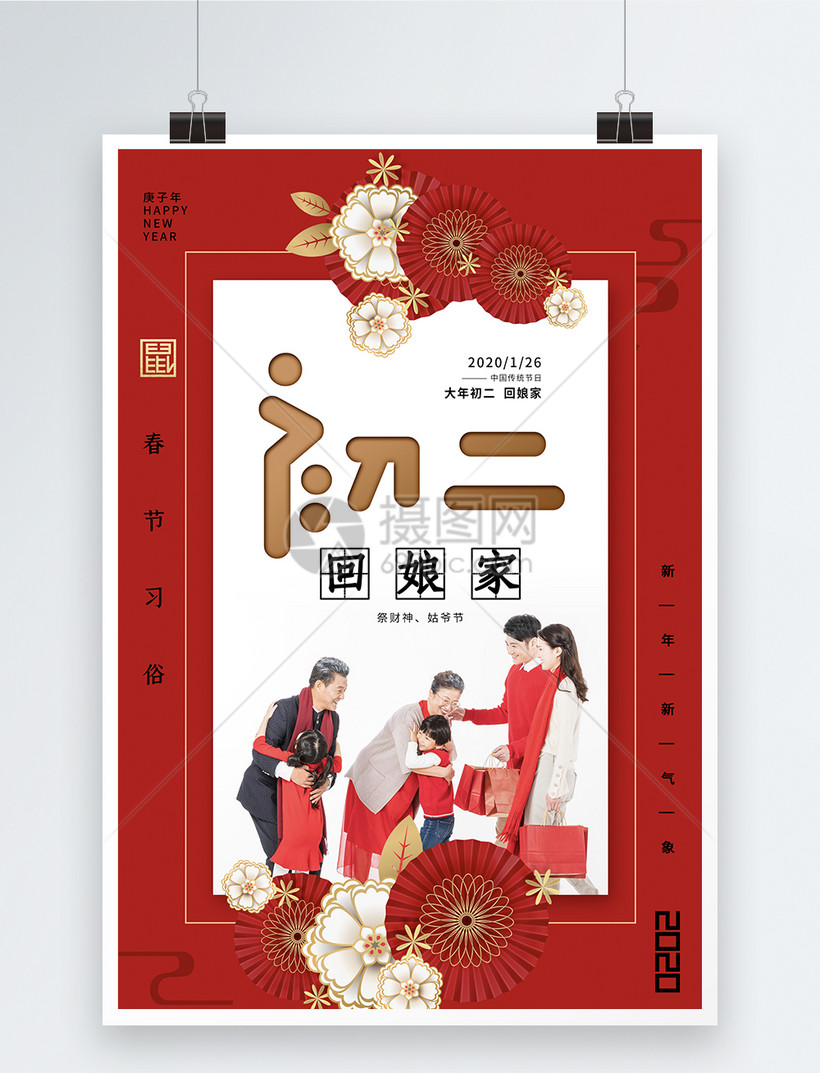 红色大气春节习俗正月初二系列海报模板素材 正版图片401667762 摄图网
