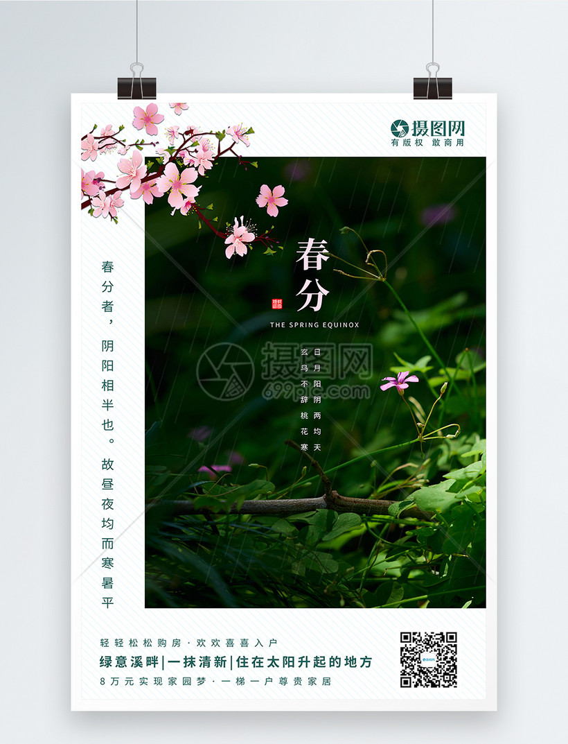 简约清新花枝诗意春分节气海报
