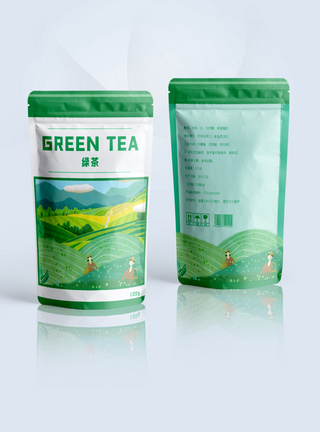 小清新插画绿茶包装袋图片