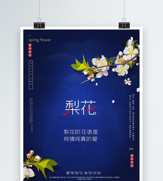 蓝色简约梨花春季赏花宣传海报图片
