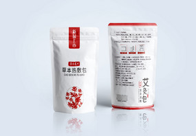 红色简约艾叶草本热敷包保健产品包装袋设计图片