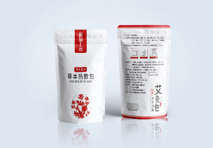 红色简约艾叶草本热敷包保健产品包装袋设计高清图片