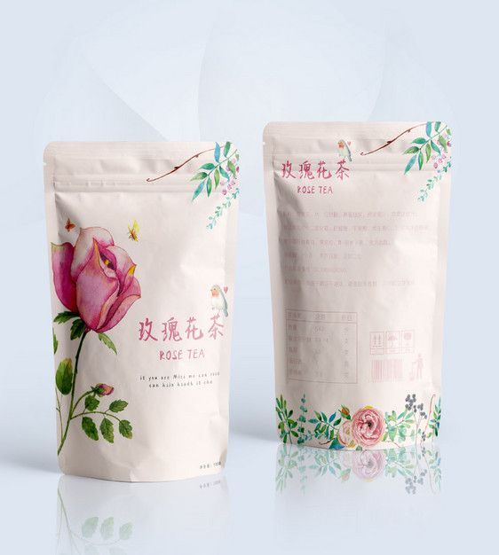清新玫瑰花茶包装袋设计图片