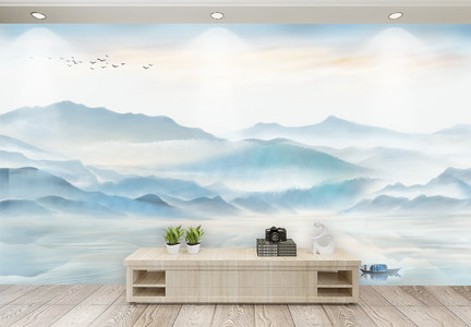 现代新中式水墨山水电视背景墙壁纸图片