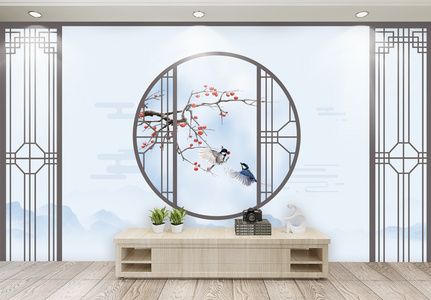 新中式古典山水花鸟背景墙图片