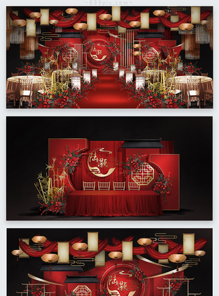 云纹素材红金中式婚礼效果图模板