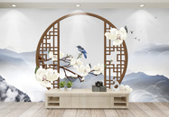 新中式花鸟山水电视背景墙图片
