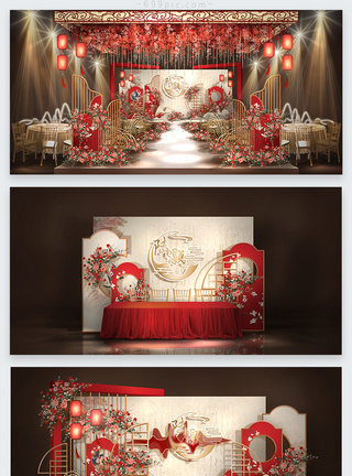 中式室内设计效果图大气红金中式婚礼效果图模板
