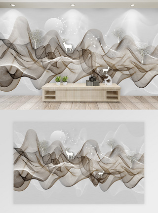 现代简约新中式抽象线条意境山水风景背景墙图片